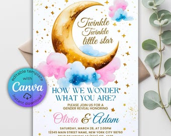 May include: A gender reveal invitation with a gold crescent moon, pink and blue clouds, and gold stars. The text reads "Twinkle Twinkle little star" and "How we wonder what you are?" with the names Olivia & Adam.