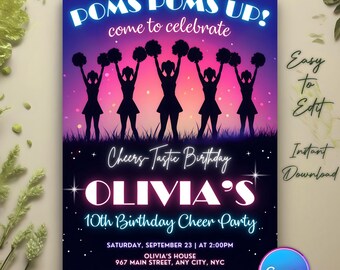 Cheer Birthday Invitation, Cheerleader Invitation, Cheerleader Birthday Invitation, Cheerleading Invite, Tween Girl Cheer Squad Birthday