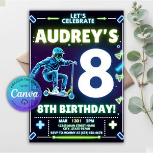 Scooter Birthday Invitation, Neon Scooter Invitation, Scooter Skating Invite, Skate Park Theme Birthday, Skate Party Invite, Canva Template