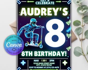 May include: A birthday invitation with a neon blue and green color scheme. The invitation says "Audrey's 8th Birthday!" and features a graphic of a person on a scooter. The invitation includes the date, time, and RSVP information.