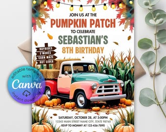 Pumpkin Patch Geburtstagseinladung, Herbst-Truck, bearbeitbare Canva-Vorlage (digitaler Download)