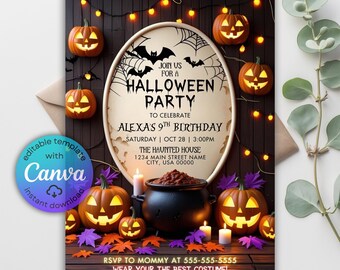 May include: Halloween party invitation with jack-o'-lanterns, bats, and spiderwebs. The invitation includes the text "Join us for a Halloween Party" and details for Alexa's 9th birthday, with a Canva logo.