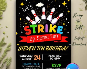 Bowling Party Invitation, let's strike up some fun bowling party invitation, Glow Invite, Bowling Invite, Neon Bowling Party, Boy Bowling