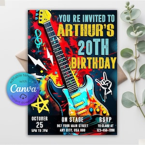 Electric Guitar Invitation, Neon Colors Guitar Invite, Rock Star Party Invite, Rock Guitar Birthday, Rock &#39;n roll Invitation, Canva Template