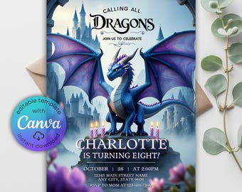 Faire-part d'anniversaire dragon magique, fête fantastique (invitation de modèle sur toile)