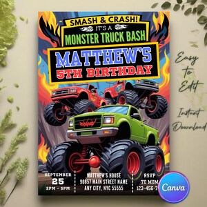 Monster Truck Bash Birthday Invitation, Monster Truck Invitation, Monster Truck Theme Birthday, Monster Truck Party Invite, Canva Template