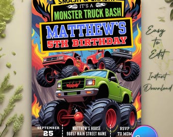 Monster Truck Birthday Invitation, Editable Canva Template (Digital Download)