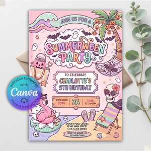 May include: A pastel-colored Summerween party invitation template featuring a pink flamingo, a skull wearing sunglasses, a palm tree with jack-o'-lanterns, and bats. The text reads: JOIN US FOR A SUMMERWEEN PARTY TO CELEBRATE CHARLOTTE'S 5TH BIRTHDAY.
