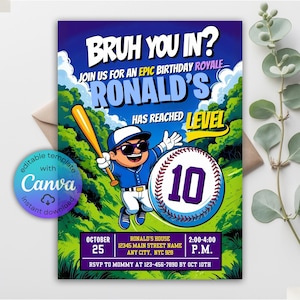 Bruh honkbal verjaardagsuitnodiging, honkbal Royale verjaardag, honkbal uitnodiging, bruh You In uitnodiging, gamer verjaardag sportfeest uitnodiging