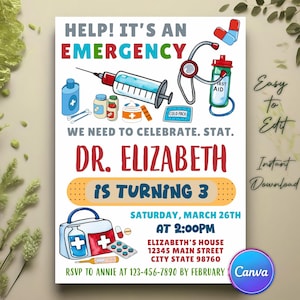 Doctor Birthday Invitation, First Responders Birthday Party Invite, Doctor Invitation, Nurse invitation, Medical Emergency Invitation, Canva