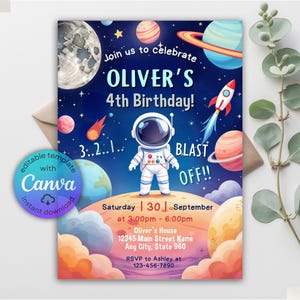 Planets Rocket Ship Astronaut Invitation, Editable Outer Space Birthday Invitation Template, Galaxy Invitation, Outer Space Invite, Canva
