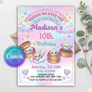 Glitter Dumpling Birthday Invitation, Funny Kids Squishy Dumpling Theme Party, Squishy Sensory Birthday Invitation, Editable Canva Template