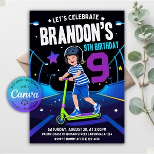 Scooter Birthday Invitation, Scooter Invitation, Kick Scooter Party Invite, Scooter Skating Invite, Skate Park Invite, Canva Template Invite
