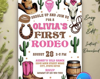 Invitación de cumpleaños para vaquera, primer rodeo, fiesta del lejano oeste (descarga digital)