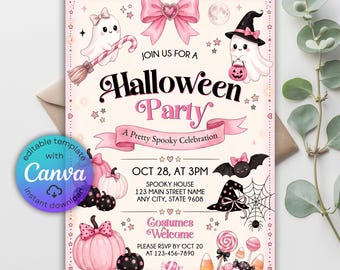 May include: A rectangular Halloween party invitation template featuring pink and black illustrations of ghosts, pumpkins, bats, and candy. The text reads: JOIN US FOR A Halloween Party, A Pretty Spooky Celebration, OCT 28, AT 3PM, and Costumes Welcome.
