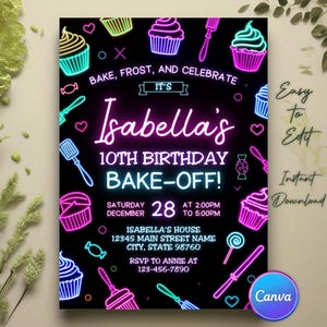 Editable Neon Cooking Class Birthday Invitation, Our Little Chef, Kids Baking Party Invite, Chef Theme Birthday, Cooking Birthday, Canva