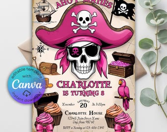 Invitación de cumpleaños de pirata, tema rosa, plantilla editable de Canva (descarga digital)