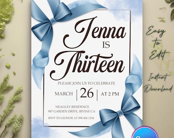Blue Coquette 13th Birthday Invitation, Fancy Bow Birthday Invitations for 13th, Sleepover Invitation, Coquette 13th Birthday, girl birthday