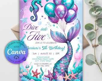 May include: A mermaid-themed birthday invitation with a purple and teal color scheme. The invitation features a mermaid tail, balloons, a seahorse, and the text "Dive into Five." It includes details for Jessica's 5th birthday.