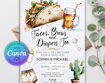 May include: Baby shower invitation with watercolor illustrations of a taco, beer, and baby items. The invitation text reads "Tacos, Brews and Diapers Too" and includes event details for Sophia & Michael. Includes a Canva template.