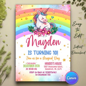 Unicorn Birthday Invitation, Pastel Rainbow Party Invite, Unicorn Rainbow Girl’s Birthday Party, Editable Canva Template