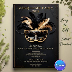 Masquerade Party Einladung, Maskenball Sweet 16 oder Quinceanera Geburtstagsfeier, SCHWARZ und GOLD bearbeitbare digitale Einladung, Maskerade