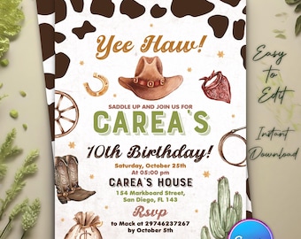 Cowgirl Birthday Invitation, Yee Haw Cowgirl Party Invite, Rodeo, Disco Cowgirl, Retro Birthday Invite, Editable Canva Template