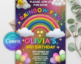 Rainbow Birthday Invitation, Clouds and Stars (Digital Download)
