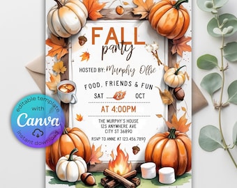 May include: A fall party invitation with orange pumpkins, autumn leaves, and the text "Fall Party." The invitation includes details such as the date, time, and location, with a Canva logo indicating an editable template.