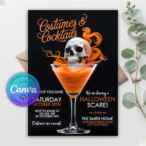 Skull Costumes & Cocktails Halloween Invitation, Adult Halloween Party Invitation, Halloween Bash Invitation, DIY Editable Canva Template