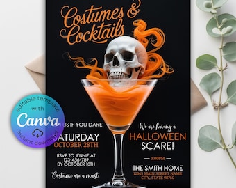 Skull Cocktails Halloween Party Invitation, Editable Canva Template (Digital Download)