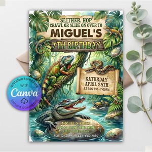 May include: A colorful birthday invitation with a jungle theme. The invitation features an alligator, iguana, and snake. Text includes "Miguel's 7th Birthday" and event details. The invitation is editable with Canva.