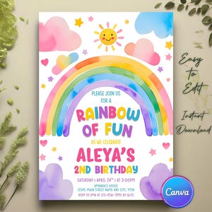 Rainbow Of Fun Birthday Invitation, Rainbow Invitation, Rainbow Birthday Invite, Rainbow Party Invite, Rainbow Birthday Party Canva Template