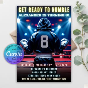 May include: Boxing-themed birthday invitation. The design features a boxer in a black robe with the number 8 on the back, wearing boxing gloves. The text reads "Get Ready to Rumble" and includes event details. The invitation is a Canva template.