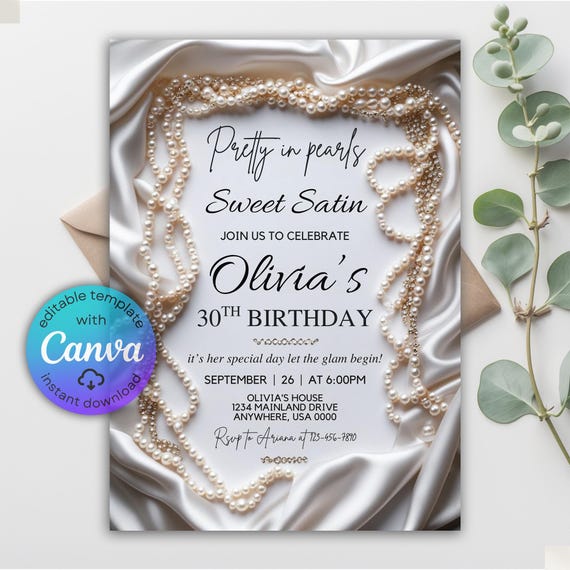 Pearls and Satin Party Invitation, Elegant Party Invitation, Glam Party Invite, Classy Invitation, Wedding Shower Birthday, Canva Template