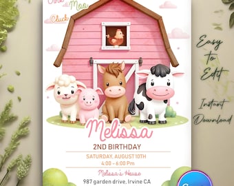 Puede incluir: Una invitación con temática de granja rosa para una fiesta de 2º cumpleaños. El diseño presenta un granero con un pollo en la ventana y animales de granja de dibujos animados. La invitación incluye el nombre "Melissa", la fecha, la hora y la dirección.