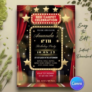 Red Carpet Birthday Invitation, Star VIP Pass Party Invite, Hollywood Theme Birthday Party, Glamorous Red Carpet Invitation, Canva Template