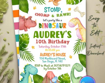 Invitación de cumpleaños de dinosaurio editable, invitación para fiesta de dinosaurios, fiesta de dinosaurios, invitación de cumpleaños para niños, descarga instantánea