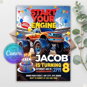 Monster Truck Invitation, Monster Truck Bash Birthday Jam, Monster Truck Party Invite, Truck Theme Party, Truck Invitation, Canva Template