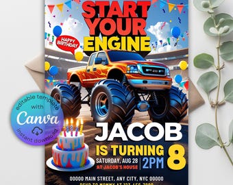 Invitación de cumpleaños de Monster Truck, plantilla editable de Canva (descarga digital)