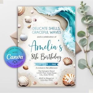 Könnte beinhalten: Eine Geburtstagseinladung mit Strandmotiv. Das Design zeigt Muscheln, eine Aquarellwelle und den Text "Amelias 8. Geburtstag". Die Einladung enthält Datum, Uhrzeit und RSVP-Informationen. Das Design ist mit Canva bearbeitbar.