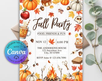 May include: A fall-themed invitation with pumpkins, leaves, and a bonfire design. The text reads "Fall Party" with event details, including the date, time, and location. The invitation is decorated with illustrations of fall treats.