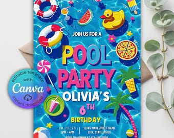 May include: A vibrant pool party invitation with a blue water background. The design includes a rubber duck, pizza, and a popsicle. Text reads "POOL PARTY OLIVIA'S 6TH BIRTHDAY" with event details and a Canva logo for instant download.