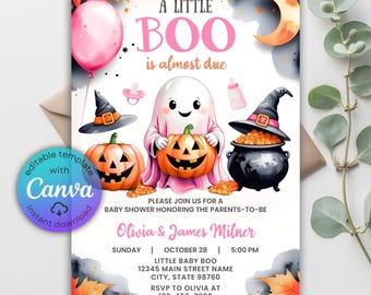 Puede incluir: Invitación a un baby shower con temática de Halloween, con una combinación de colores rosa y naranja. El diseño presenta un fantasma sosteniendo una calabaza tallada, un sombrero de bruja y el texto "A Little Boo is almost due."