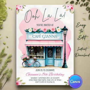 Invitación de cumpleaños a la cafetería Coquette Paris, invitación a una cafetería parisina, cumpleaños con temática de París, Oh La La, Torre Eiffel, invitación a una pastelería francesa