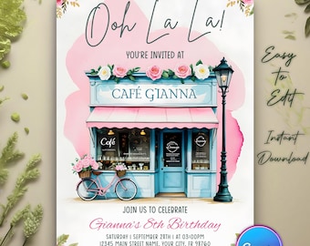 Coquette Paris Cafe Birthday Invitation, Parisian Cafe Invitation, Paris Themed Birthday, Oh La La, Eiffel Tower, French Patisserie Invite