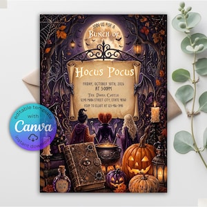 Könnte beinhalten: Eine Halloween-Einladungskarte mit Vollmond, einem schmiedeeisernen Tor und drei Figuren vor einem Kessel. Der Text lautet: Join us for a bunch of Hocus Pocus, Friday, October 30th, 2026 at 3:00pm, The Dark Castle.