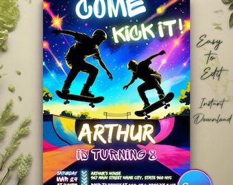 May include: A colourful birthday invitation with silhouettes of skateboarders against a vibrant sky. The text reads "COME KICK IT!" and "ARTHUR IS TURNING 8". Includes event details and the Canva logo.