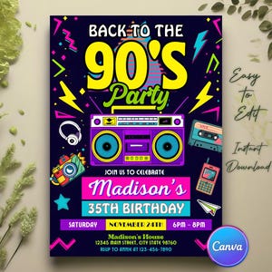 Puede incluir: Una invitación a una fiesta de cumpleaños con temática de los 90 con una radiograbadora colorida, una cinta de casete y un teléfono móvil. El texto dice "De vuelta a los 90" y "Únete a nosotros para celebrar el 35 cumpleaños de Madison".