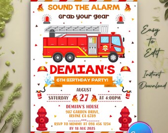 Fire Truck Birthday Invitation, Fire Engine Invites, Firetruck Invitation, firefighter Birthday invite, Firetruck invitation theme